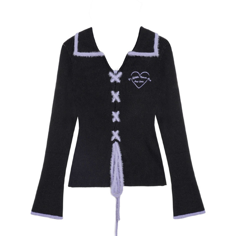 Black and Purple Sweet Cool Slim-Fit Knit Cardigan