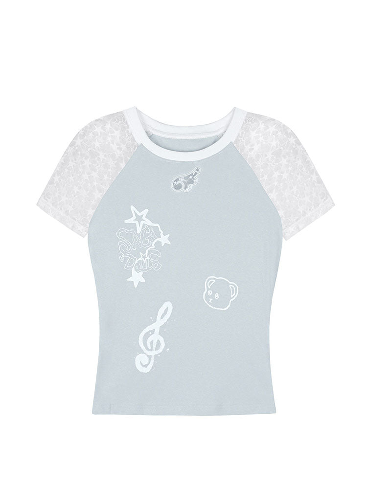 Pastel Blue Lace Sleeve Star Graphic Raglan Top