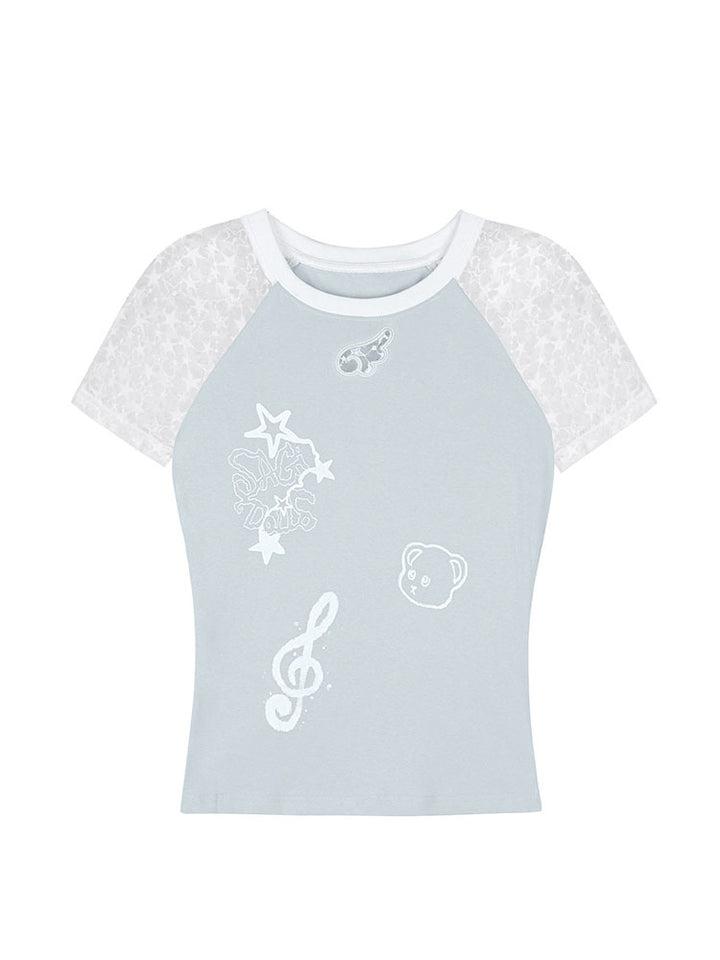 Pastel Blue Lace Sleeve Star Graphic Raglan Top