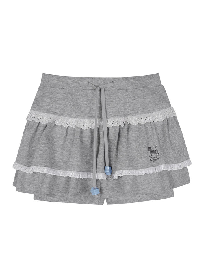 Gray Lace Trim Tiered Mini Skort