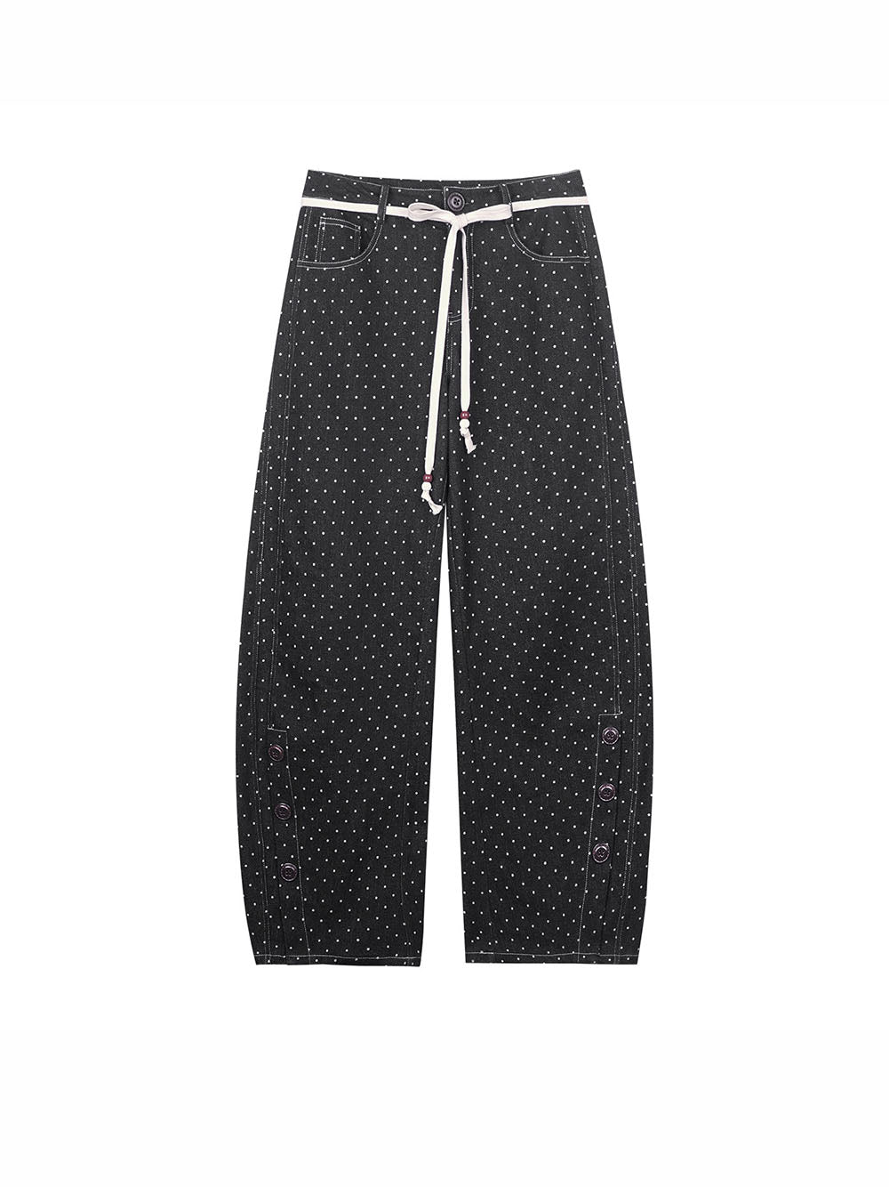 Black Polka Dot Button Detail Wide Leg Pants