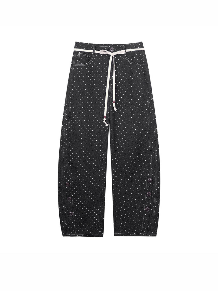 Black Polka Dot Button Detail Wide Leg Pants