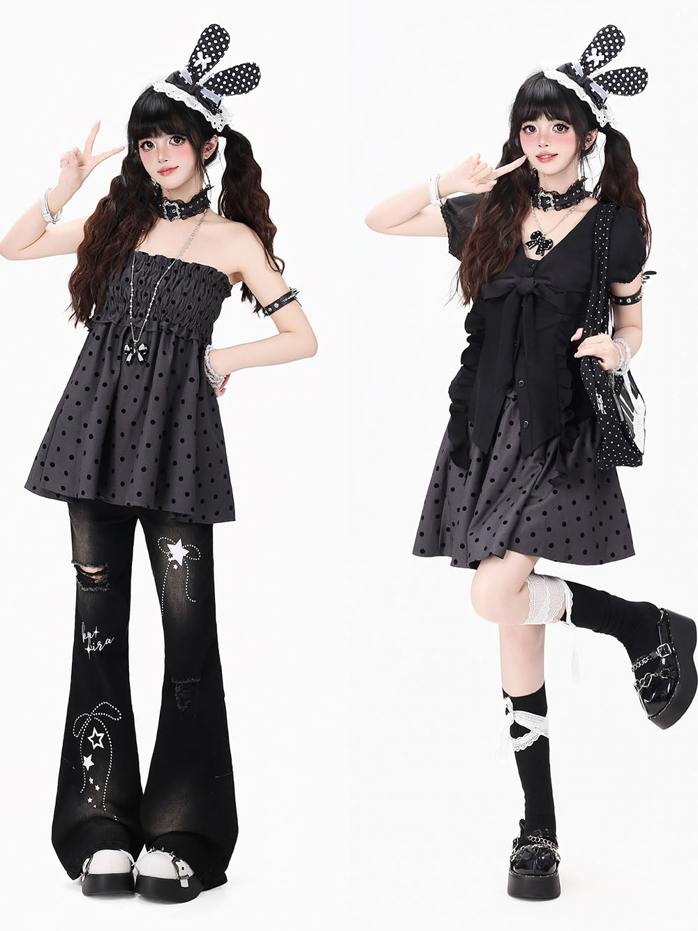Black Polka Dot Smocked Ruffle Babydoll Top