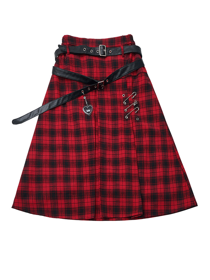 Gothic Red Plaid Double Belt Skirt