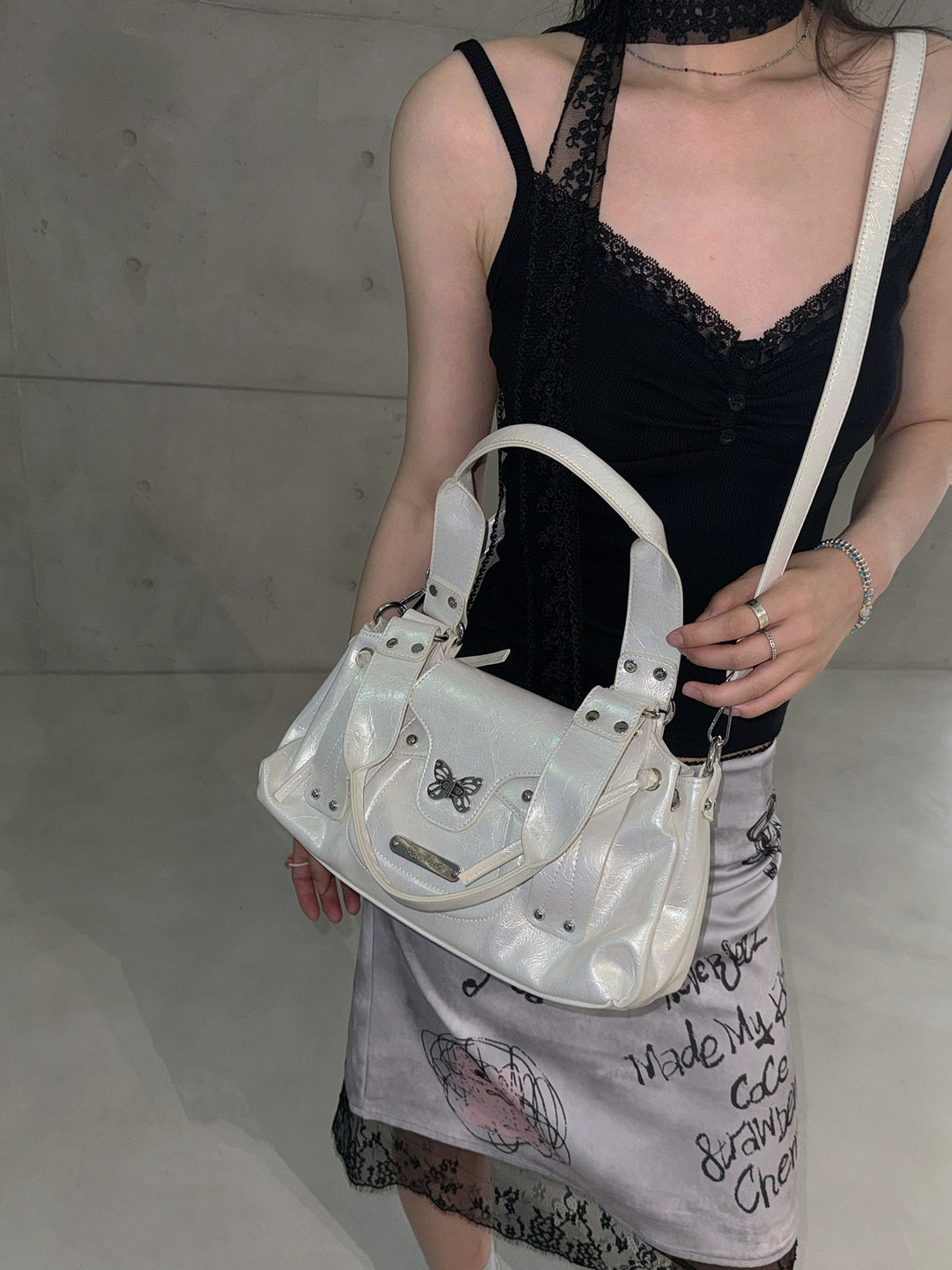 Y2K Metallic Silver Butterfly Biker Shoulder Bag