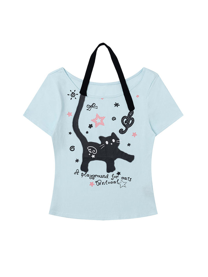 Faux Halter Kawaii Cat Graphic Tee