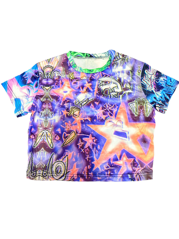 Y2K Purple Star Graphic Crop T-Shirt