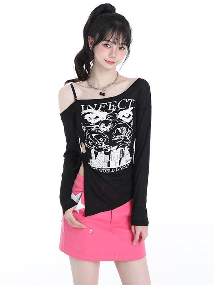 Korean Mesh Long-sleeved Thin Spring and Autumn Shoulder-baring Top
