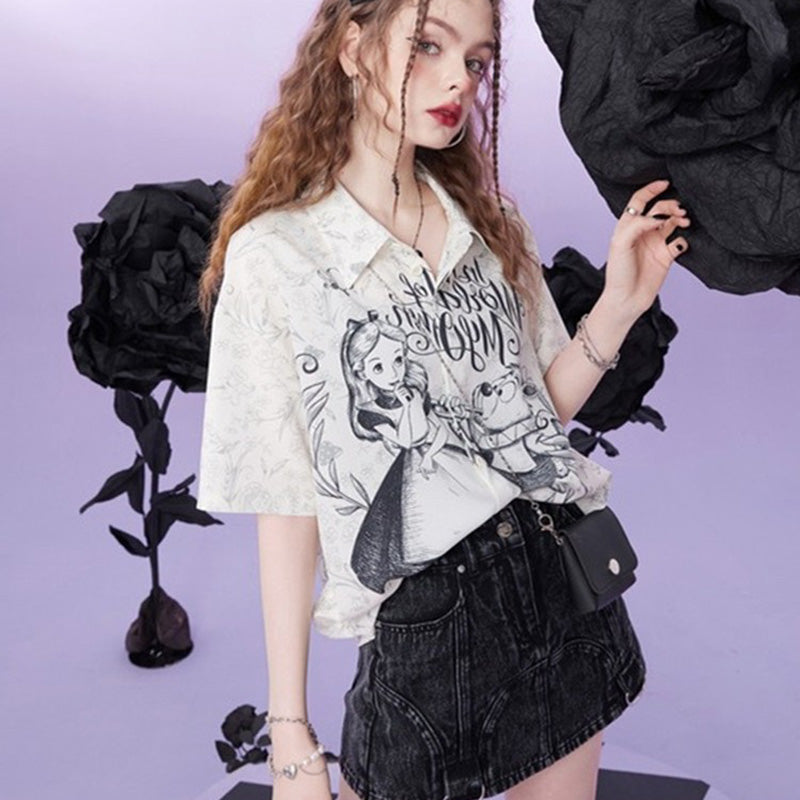 Fairy Printed Loose Satin Chiffon Short Sleeve Shirt for Summer