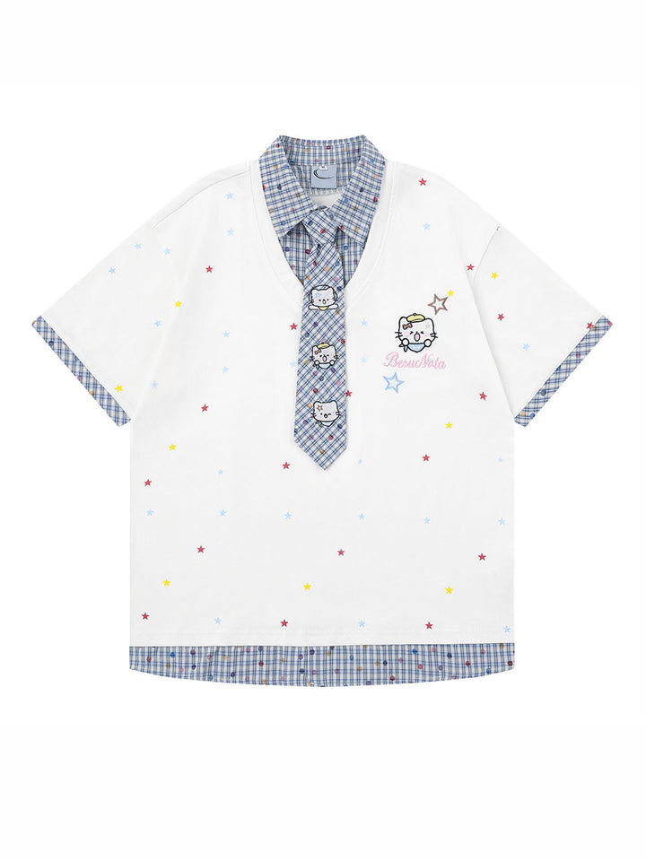Star Print Collar Tie T Shirt