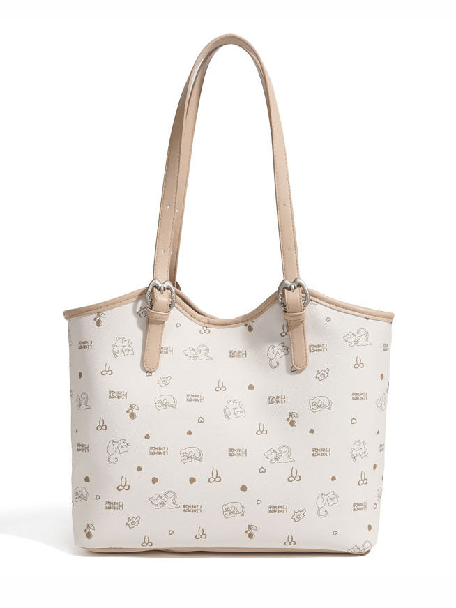 Large-capacity cat and floral print tote bag
