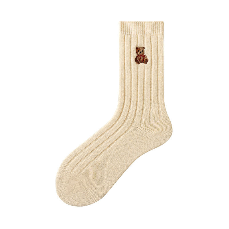 Cartoon Bear Embroidery Solid Color Thick Wool Socks