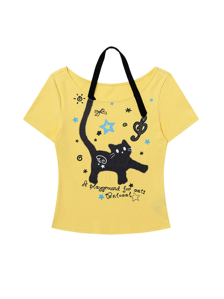 Faux Halter Kawaii Cat Graphic Tee