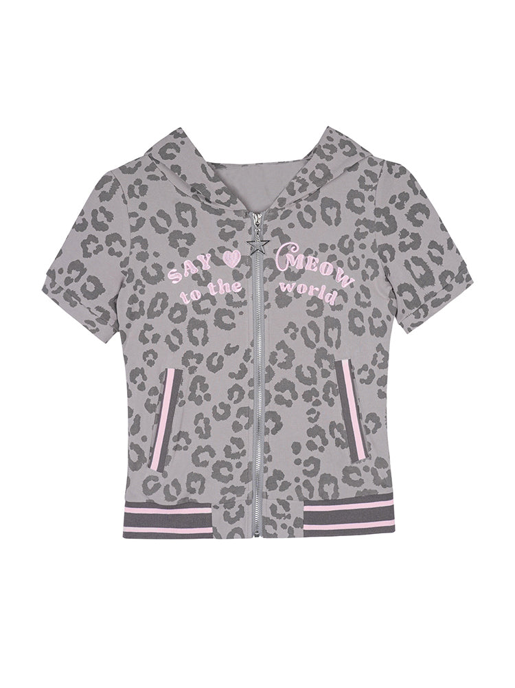 Leopard Print Cat Ear Short Sleeve Hoodie