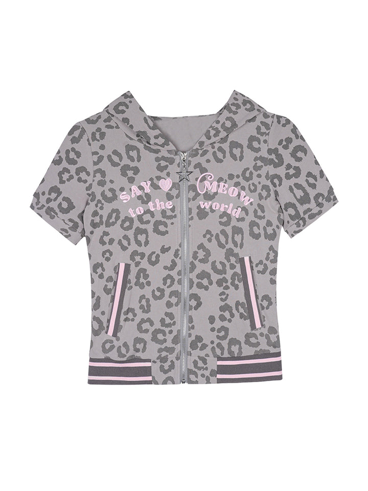 Leopard Print Cat Ear Short Sleeve Hoodie