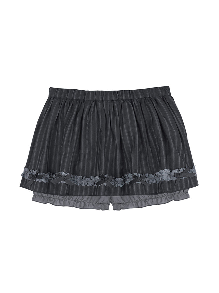 Pinstripe Ruffle Lace Bow Mini Skort