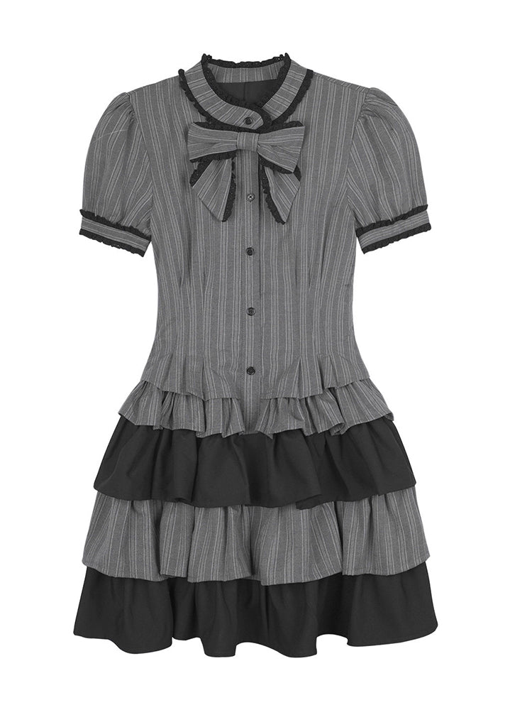 Pinstripe Tiered Ruffle Gothic Smock Dress