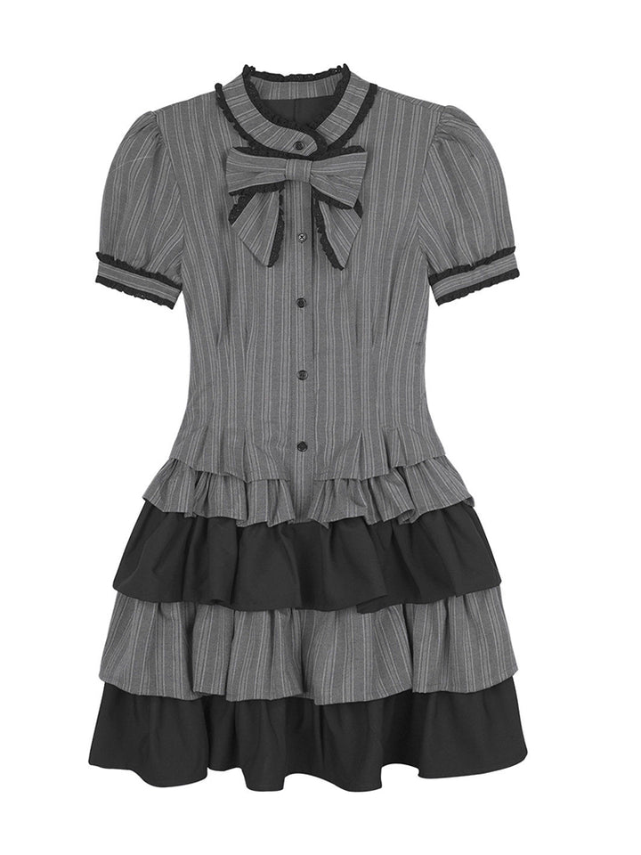 Pinstripe Tiered Ruffle Gothic Smock Dress