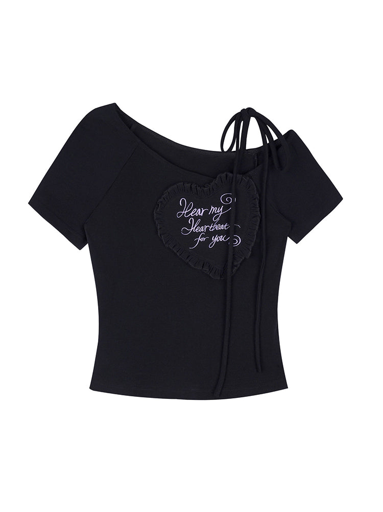 Asymmetric Heart Ruffle Embroidery Tee