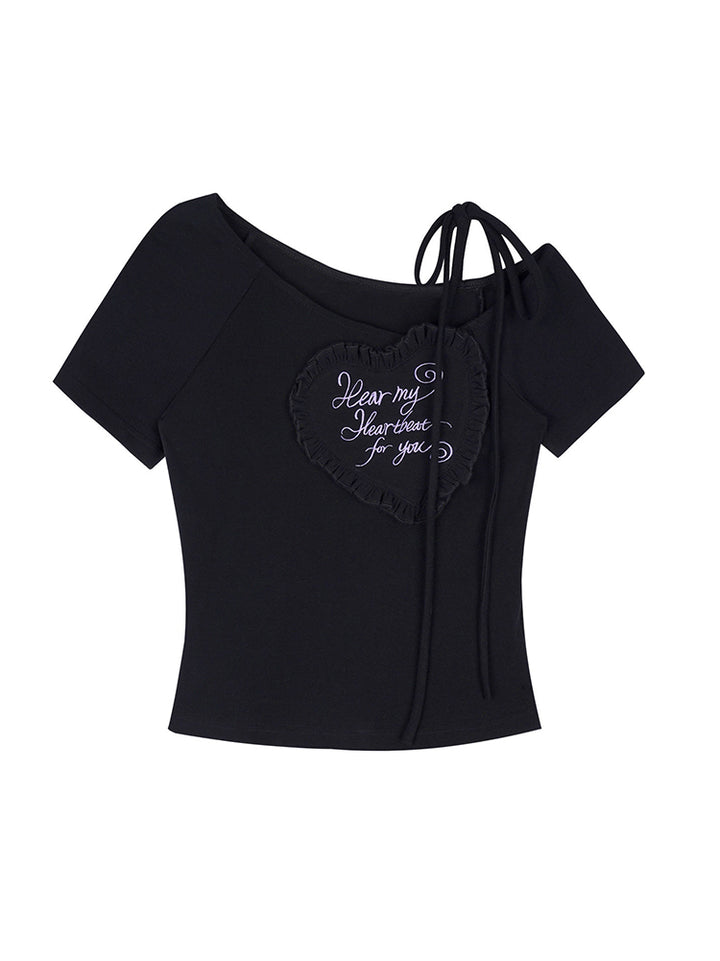 Asymmetric Heart Ruffle Embroidery Tee
