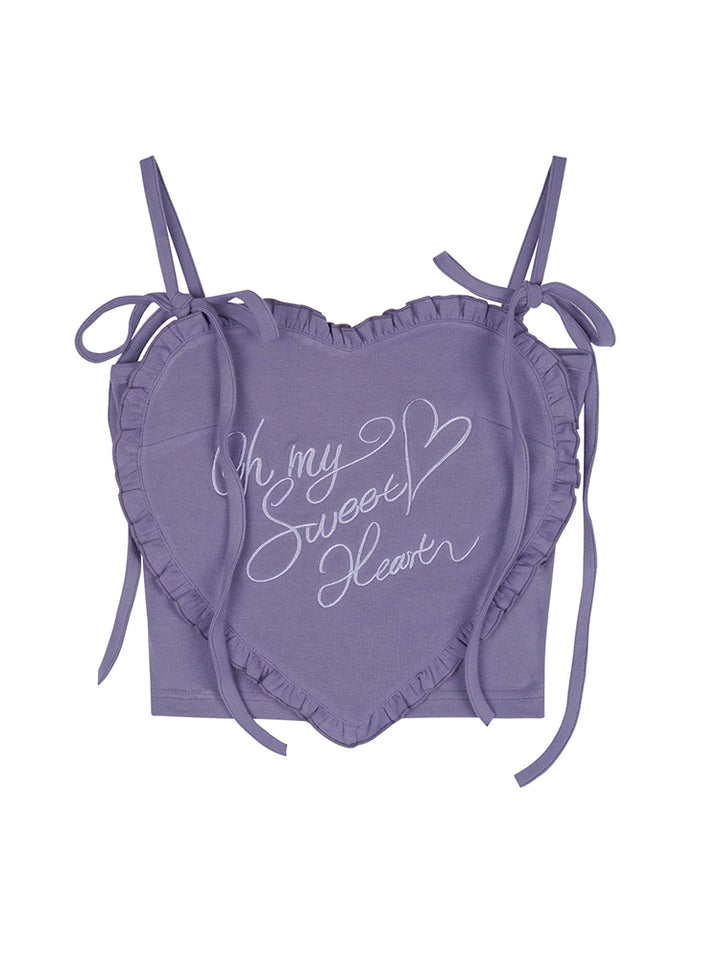 Heart Ruffle Embroidery Lace-Up Cami Top