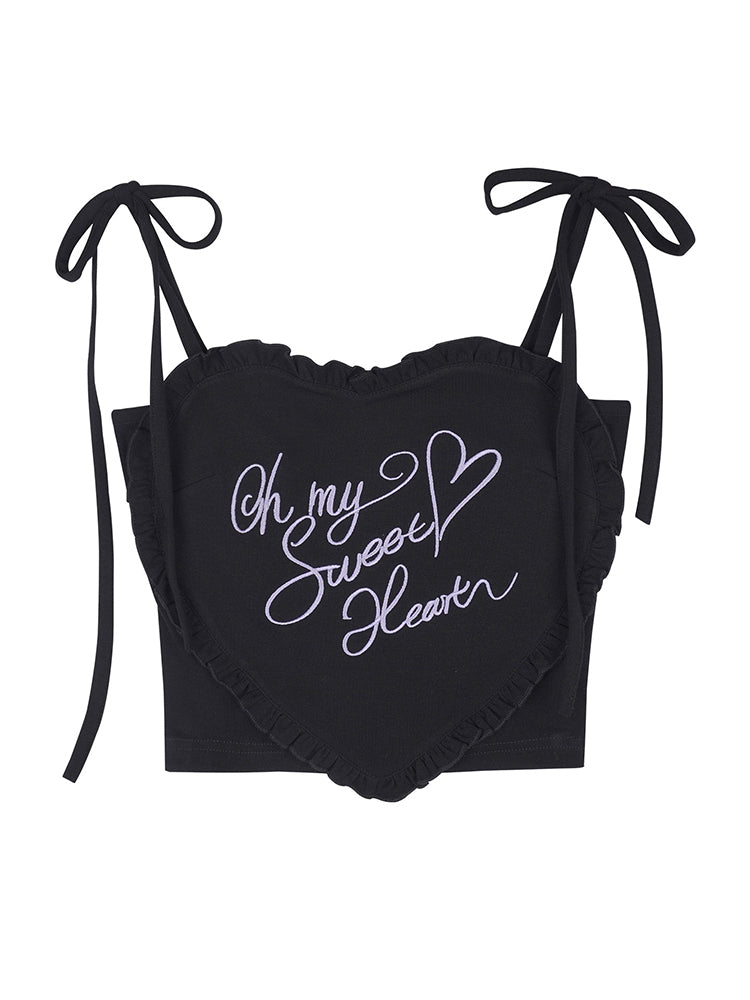 Heart Ruffle Embroidery Lace-Up Cami Top