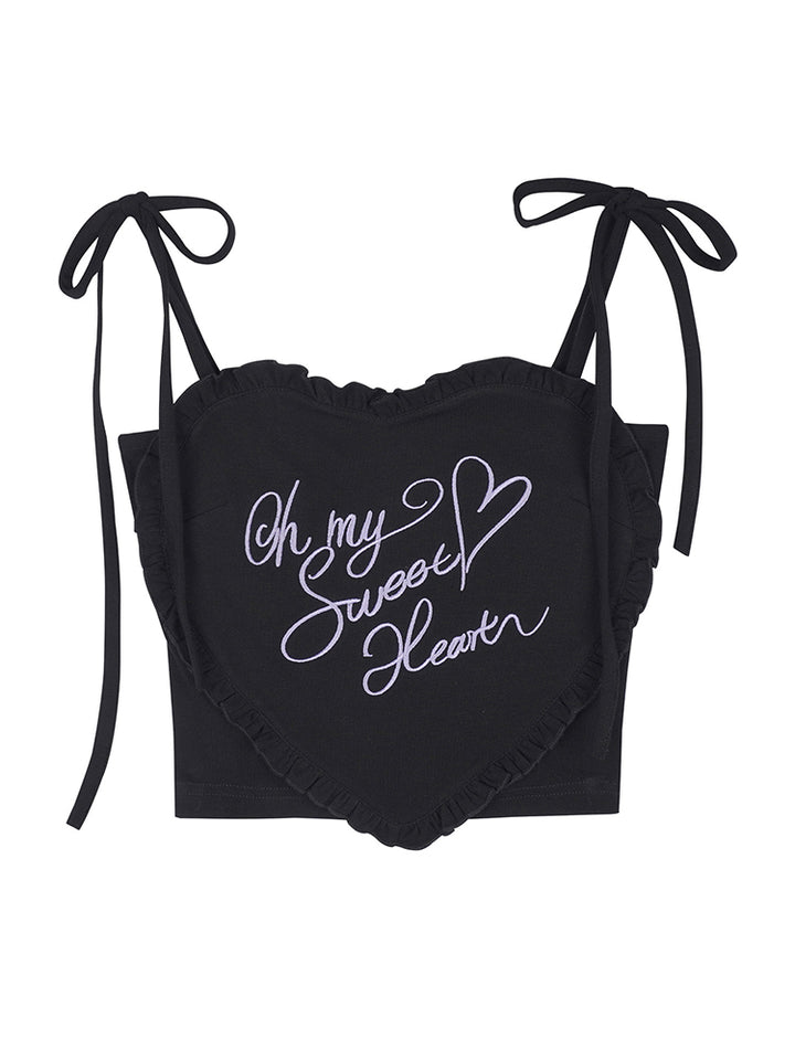 Heart Ruffle Embroidery Lace-Up Cami Top
