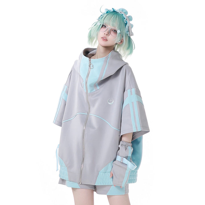 Cyber Y2K Hooded Jacket Shorts Pants Arm Sleeves Leg Warmers Headpiece