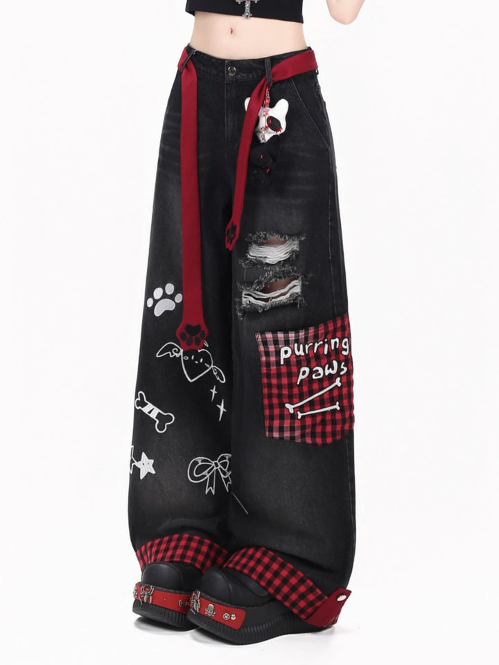 Purring Paws Distressed Plaid Cuff Wide Leg Jeans