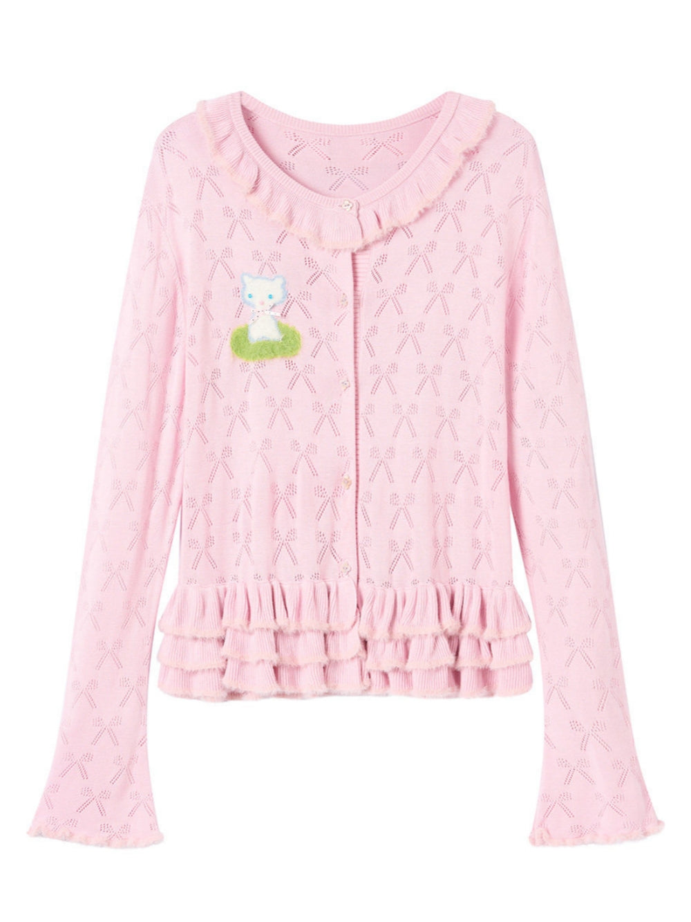 Cute Pink Ruffle Hem Knit Cardigan
