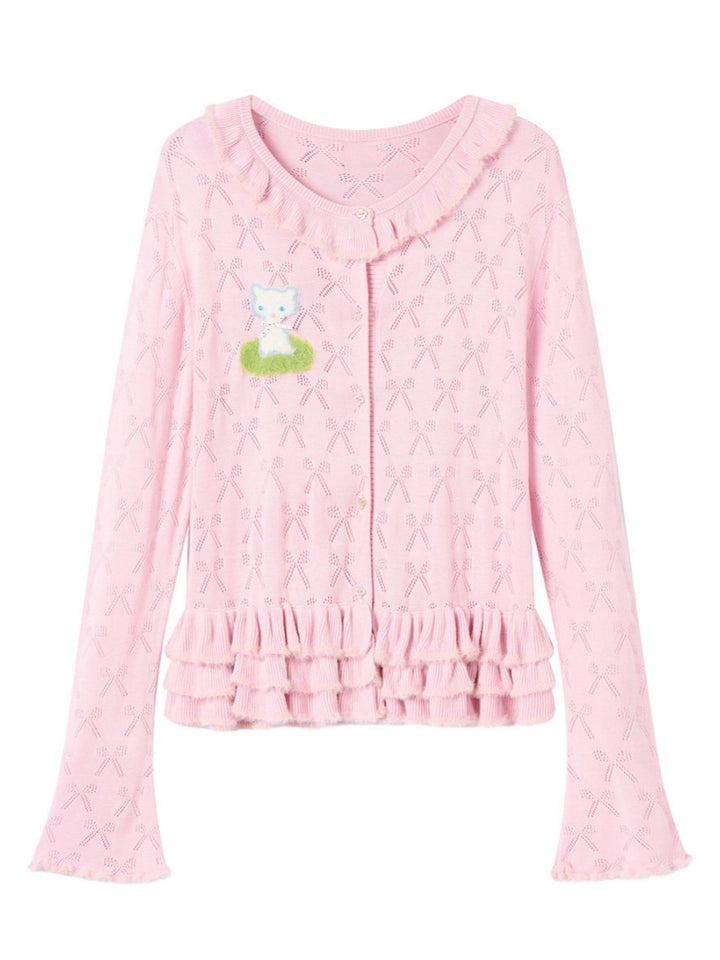 Cute Pink Ruffle Hem Knit Cardigan