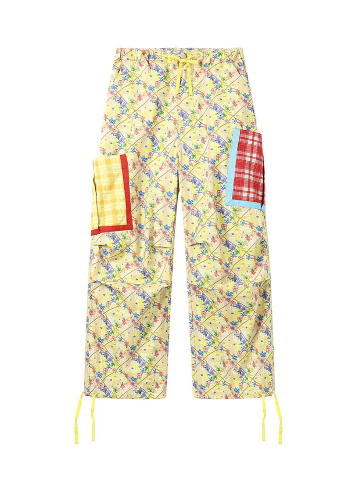 Yellow Floral Plaid Wide Leg Pants