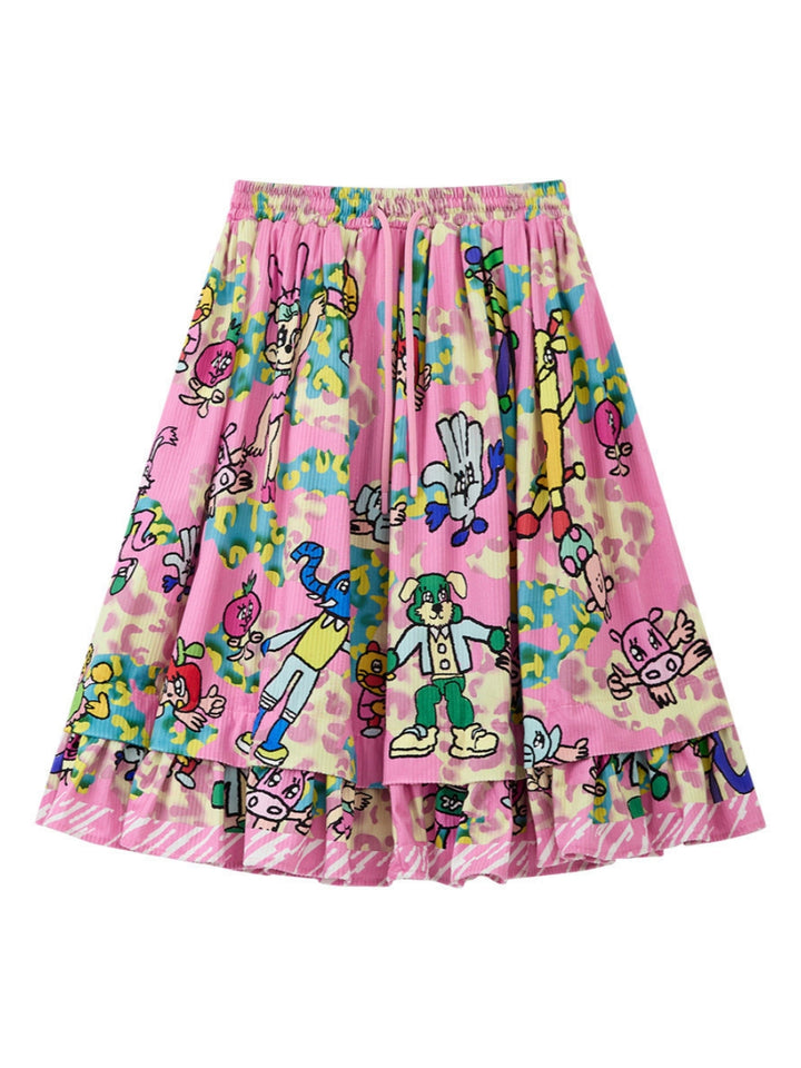 Pink Cartoon Print Ruffle Skirt