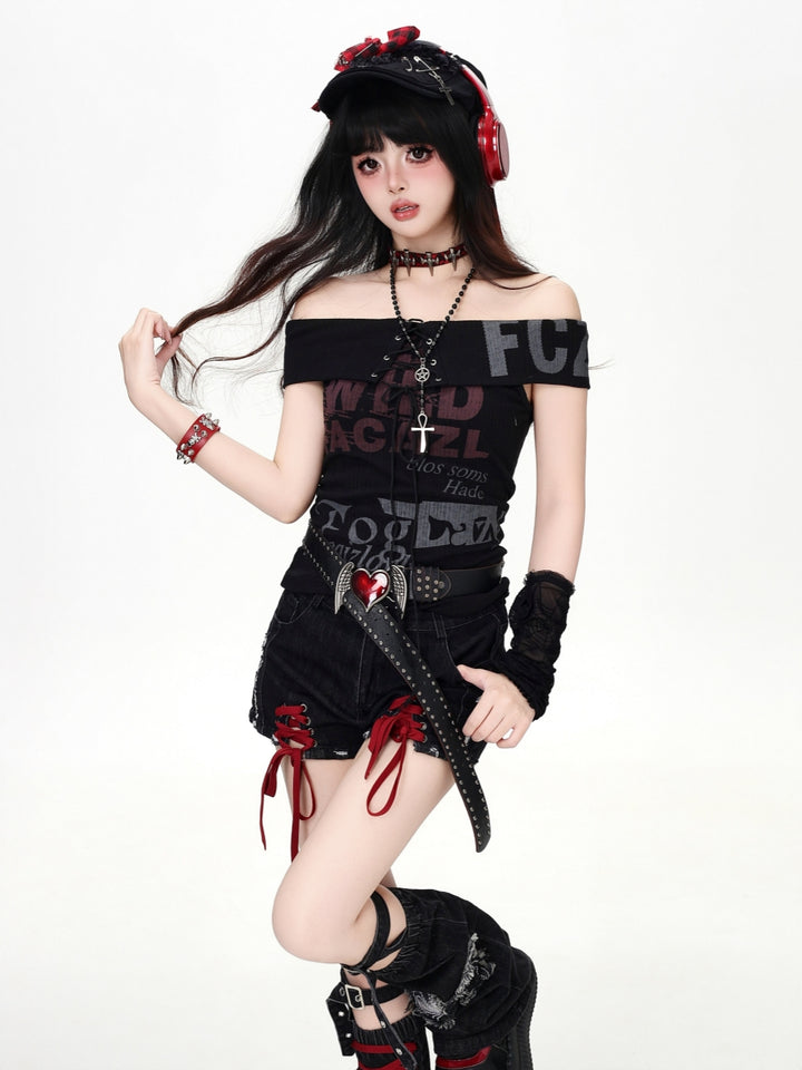 Y2K Graphic Lace Up Off Shoulder Top