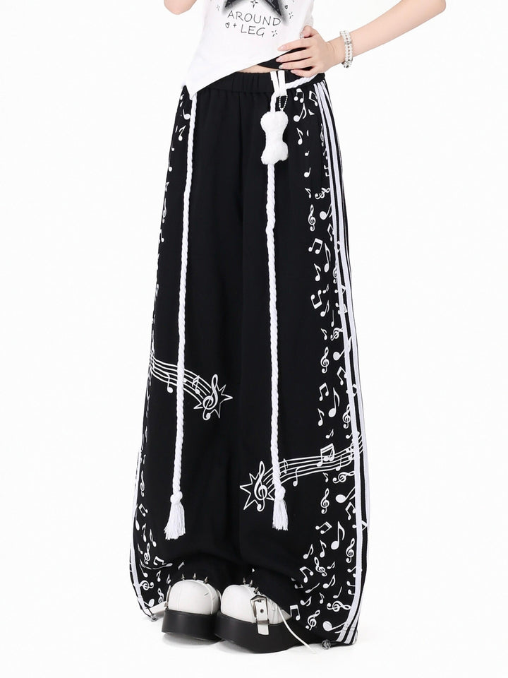 Black and White Music Note Wide Leg Pants