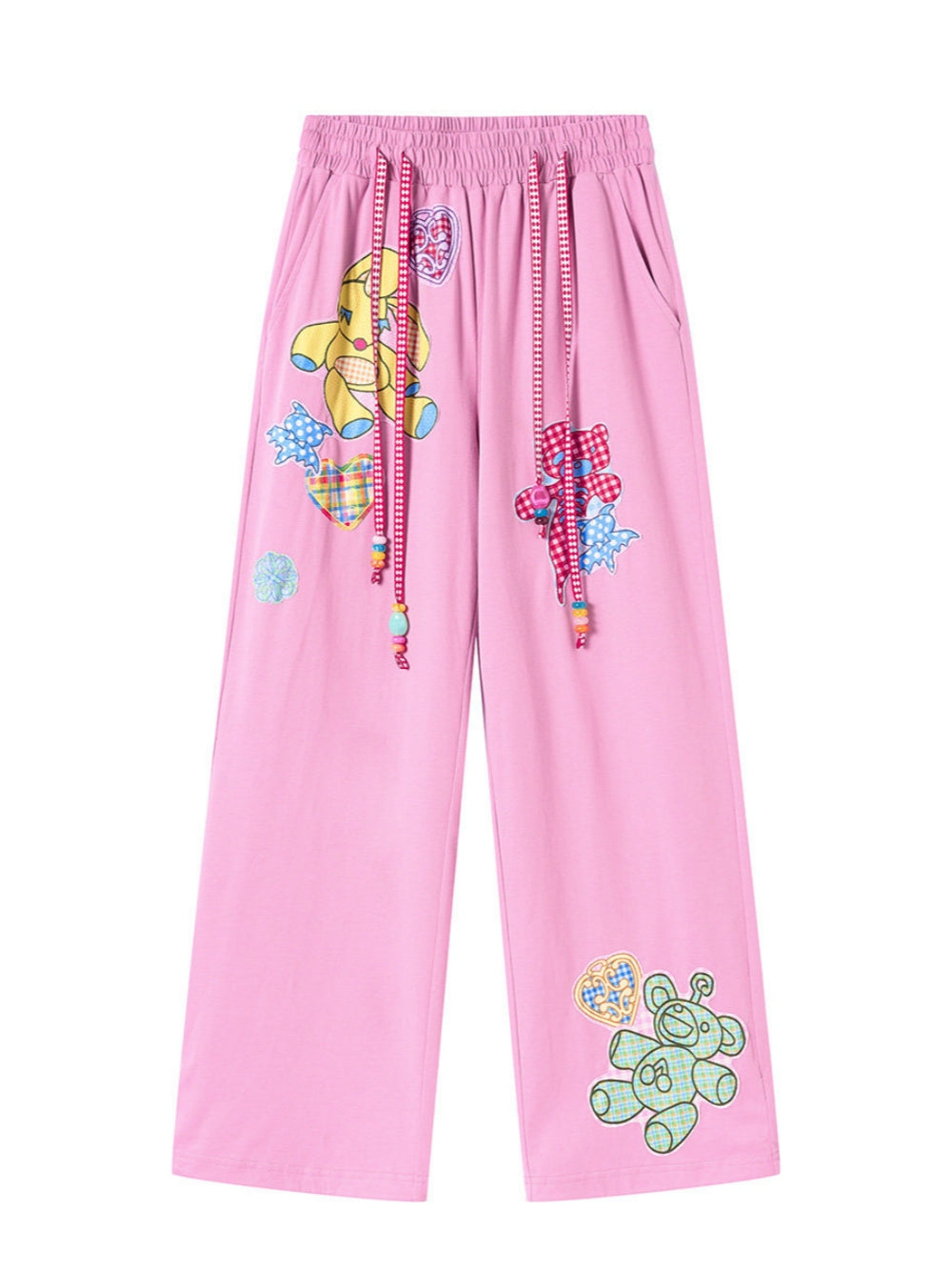 Pink Teddy Bear Patch Wide Leg Pants