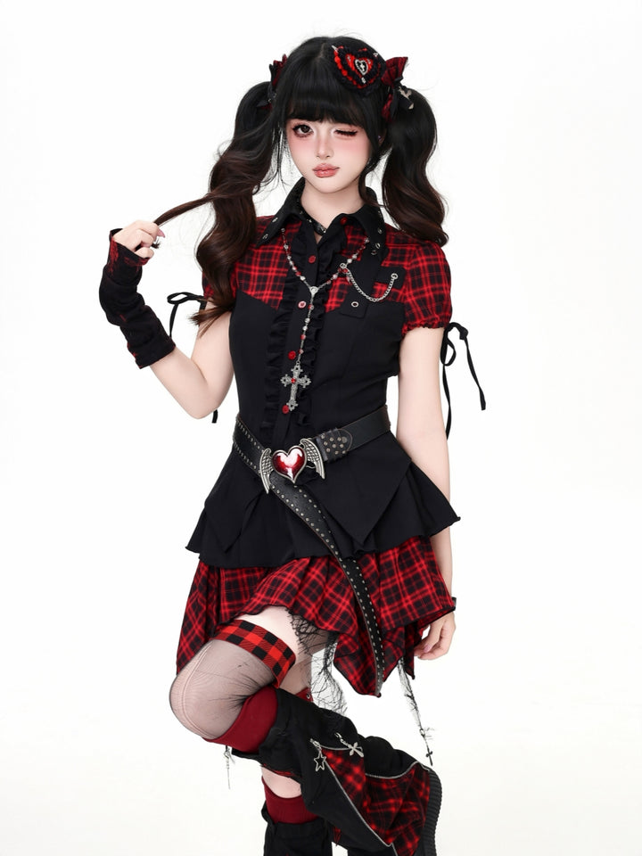 Gothic Red Plaid Top Skirt