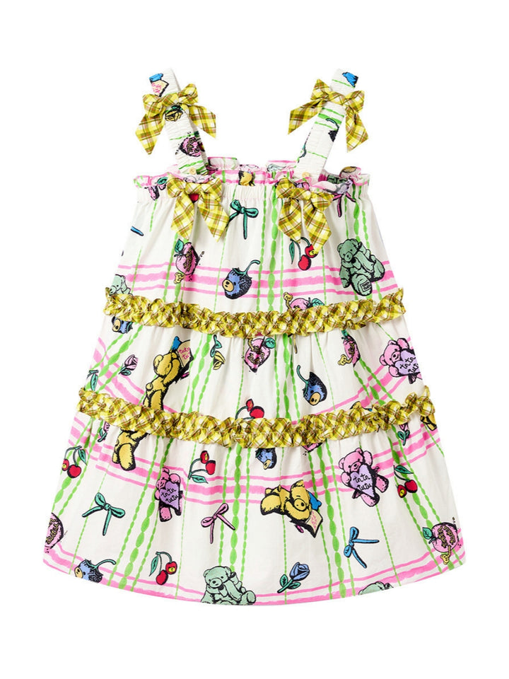 Pastel Bear Print Ruffle Bow Dress