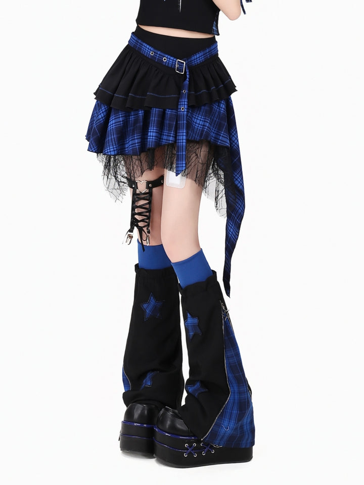 Red Blue Plaid Asymmetric Ruffle Mini Skirt