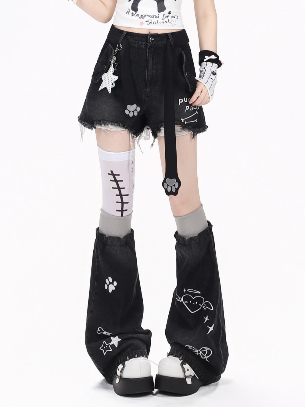 Distressed Denim Shorts With Graphic Print Leg Warmers