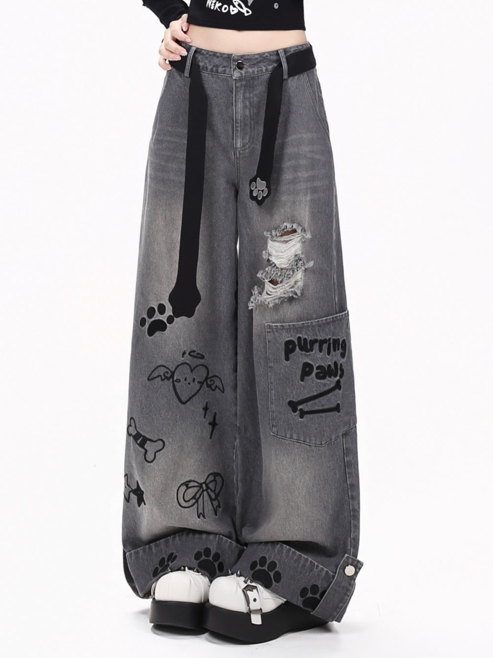 Purring Paws Distressed Plaid Cuff Wide Leg Jeans