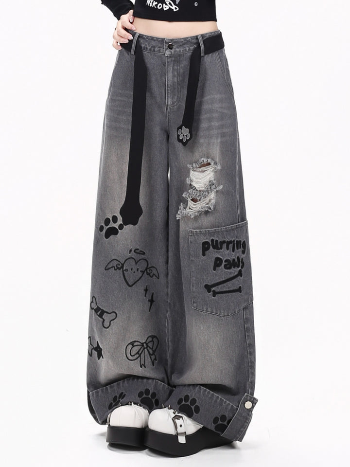 Purring Paws Distressed Plaid Cuff Wide Leg Jeans