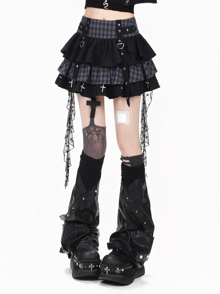 Plaid Cross Trim Tiered Mini Skirt