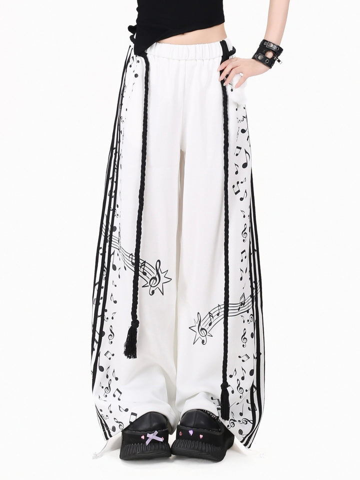 Black and White Music Note Wide Leg Pants