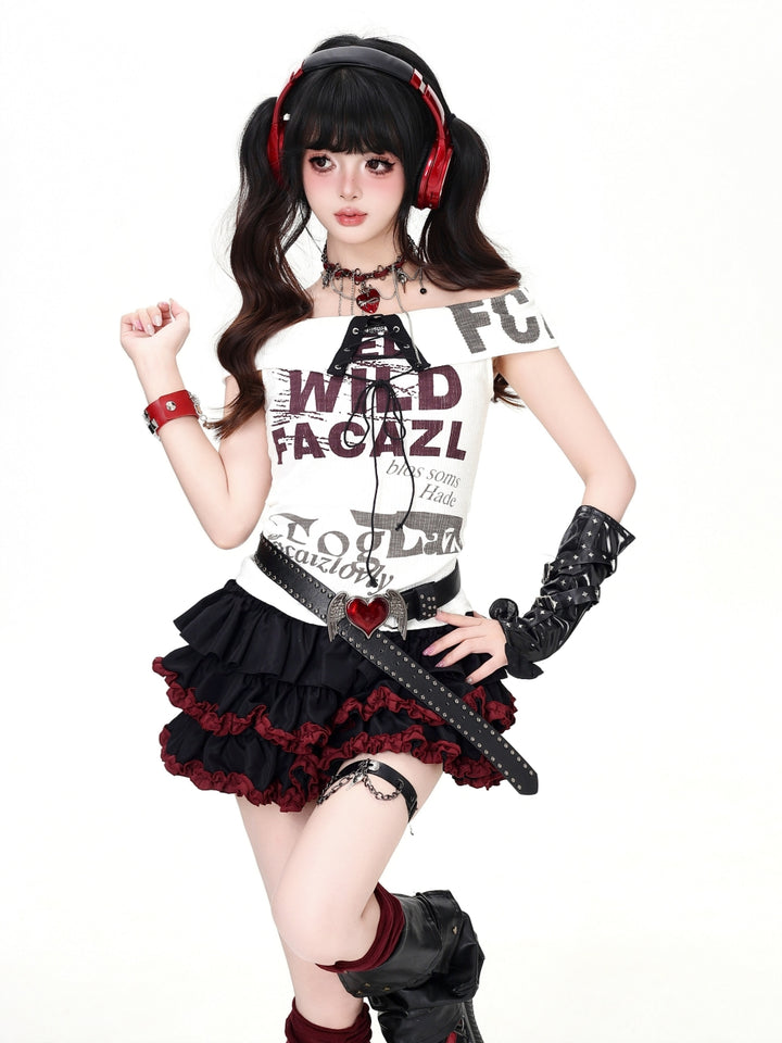 Y2K Graphic Lace Up Off Shoulder Top