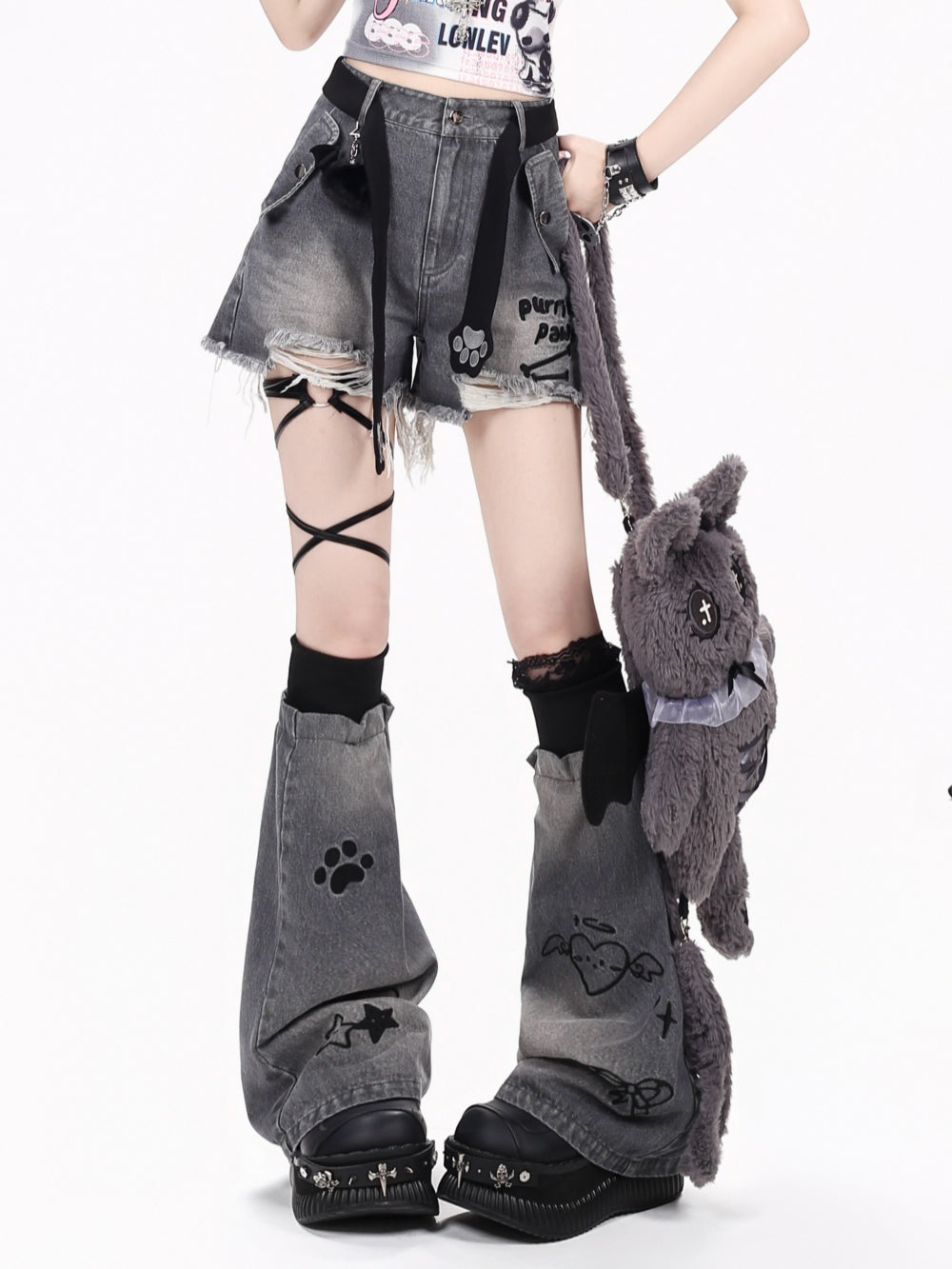 Distressed Denim Shorts With Graphic Print Leg Warmers