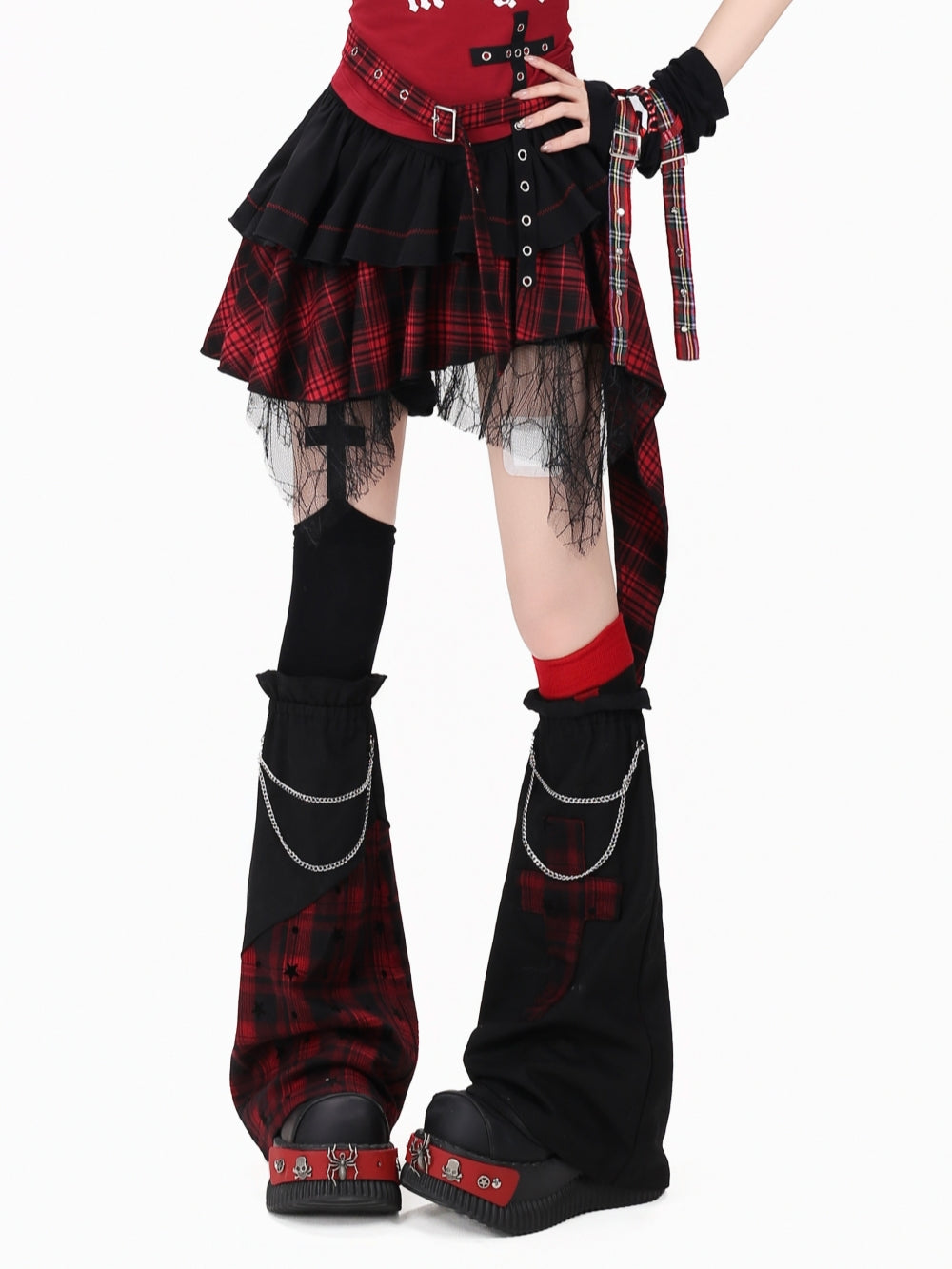 Red Blue Plaid Asymmetric Ruffle Mini Skirt