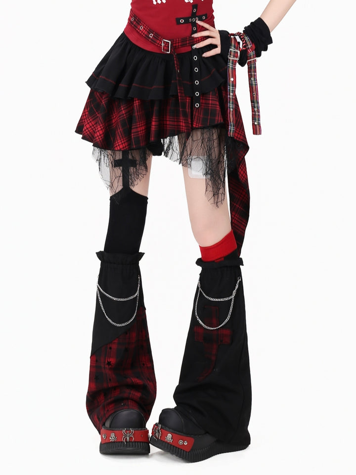 Red Blue Plaid Asymmetric Ruffle Mini Skirt