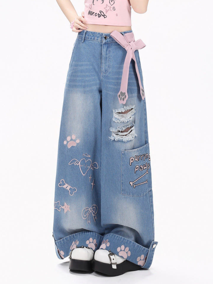 Purring Paws Distressed Plaid Cuff Wide Leg Jeans