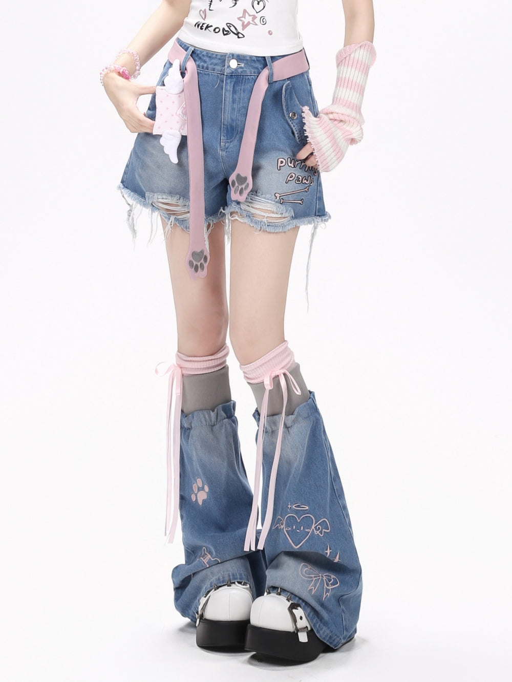 Distressed Denim Shorts With Graphic Print Leg Warmers